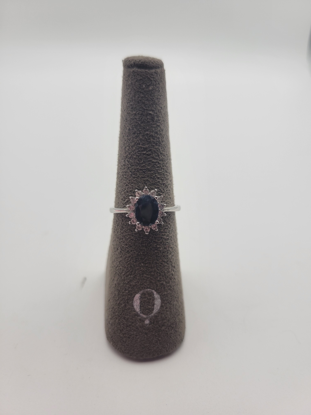 Sterling Silver Halo Ring with Deep Blue Center Stone Size 7.75